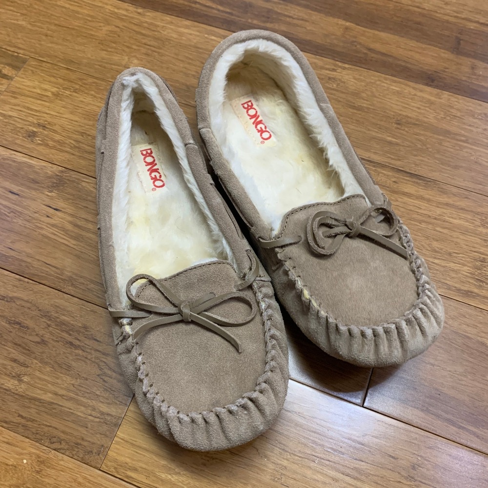 Bongo‎ Womens Tan Leather Moccasin Slippers Faux Fur Lined Size 10 House Shoes